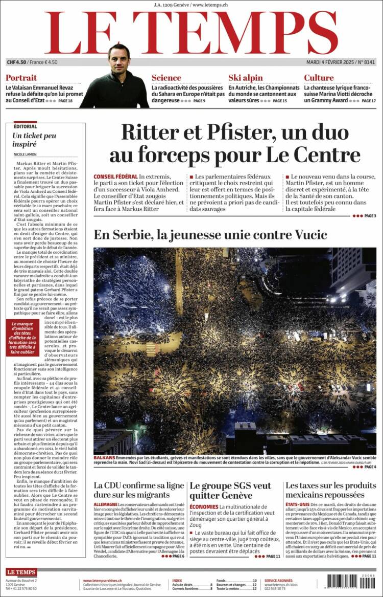 Portada de Le Matin (Suiza)
