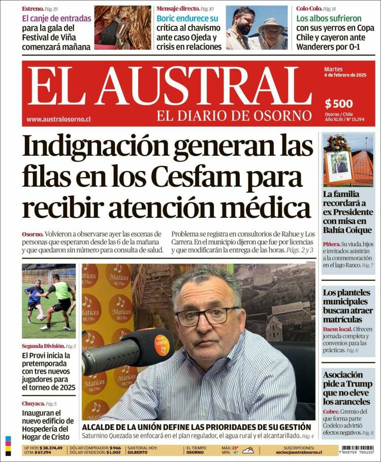 Portada de El Austral de Osorno (Chile)