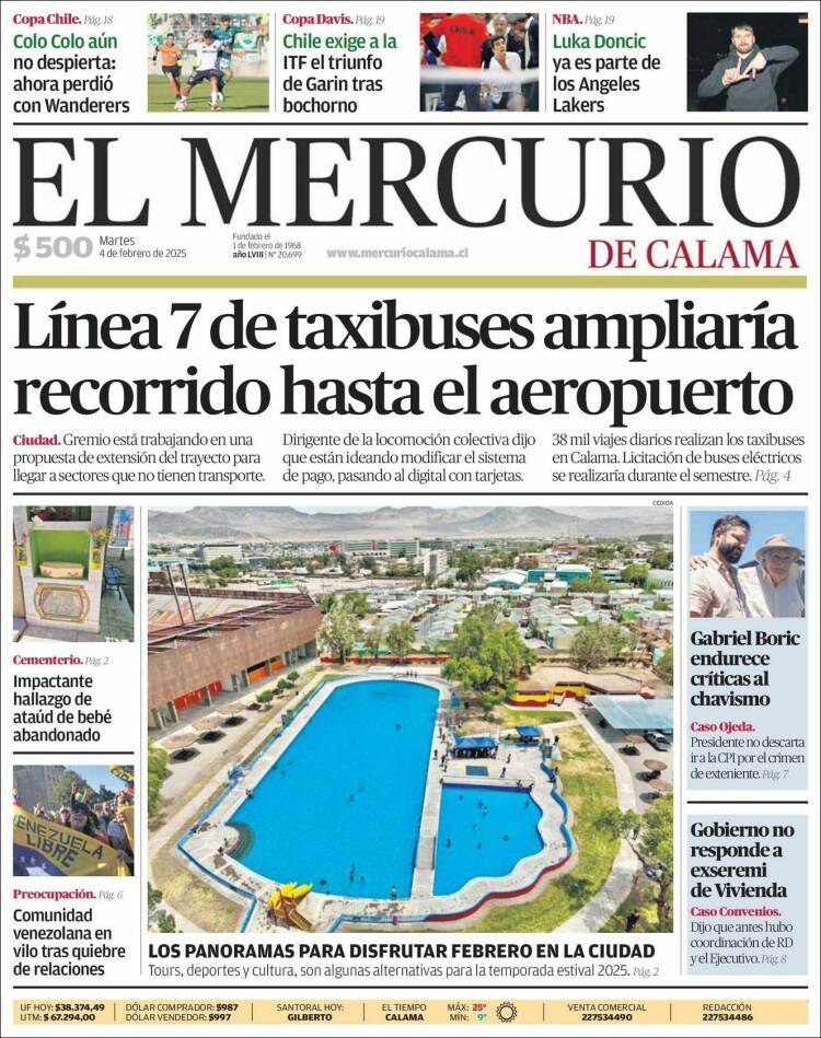 Portada de El Mercurio - Calama (Chile)