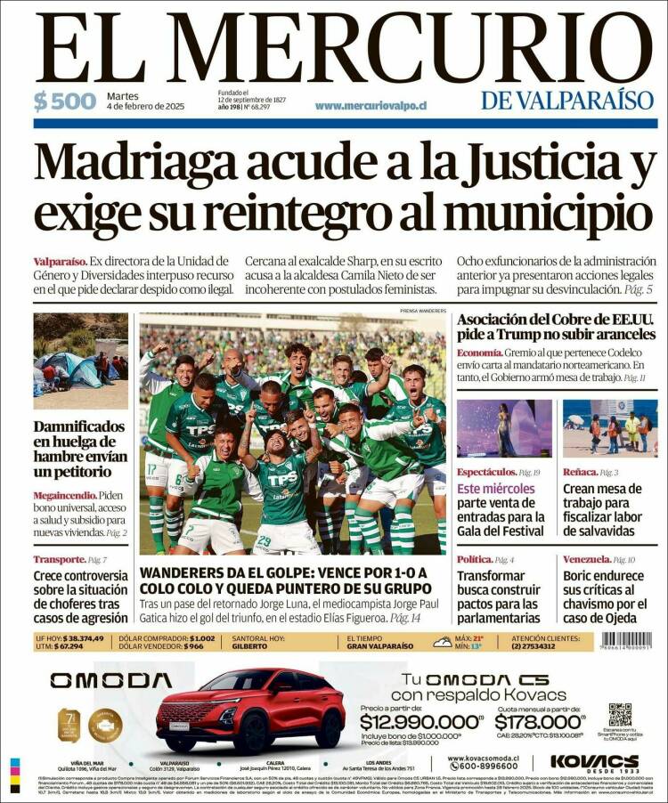 Portada de Mercurio de Valparaiso (Chile)