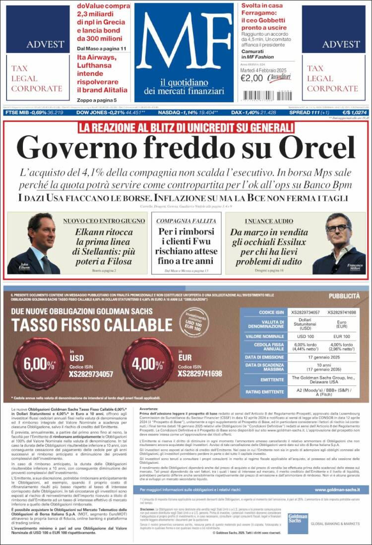 Portada de Milano Finanza (Italia)