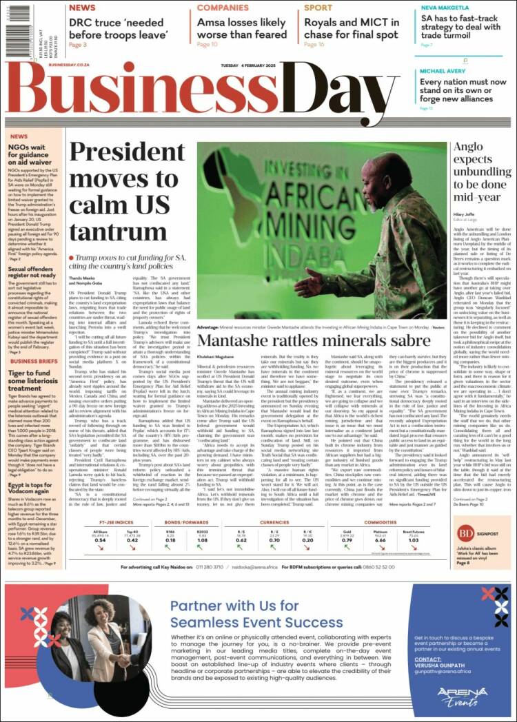 Portada de Business Day (Sud&aacute;frica)