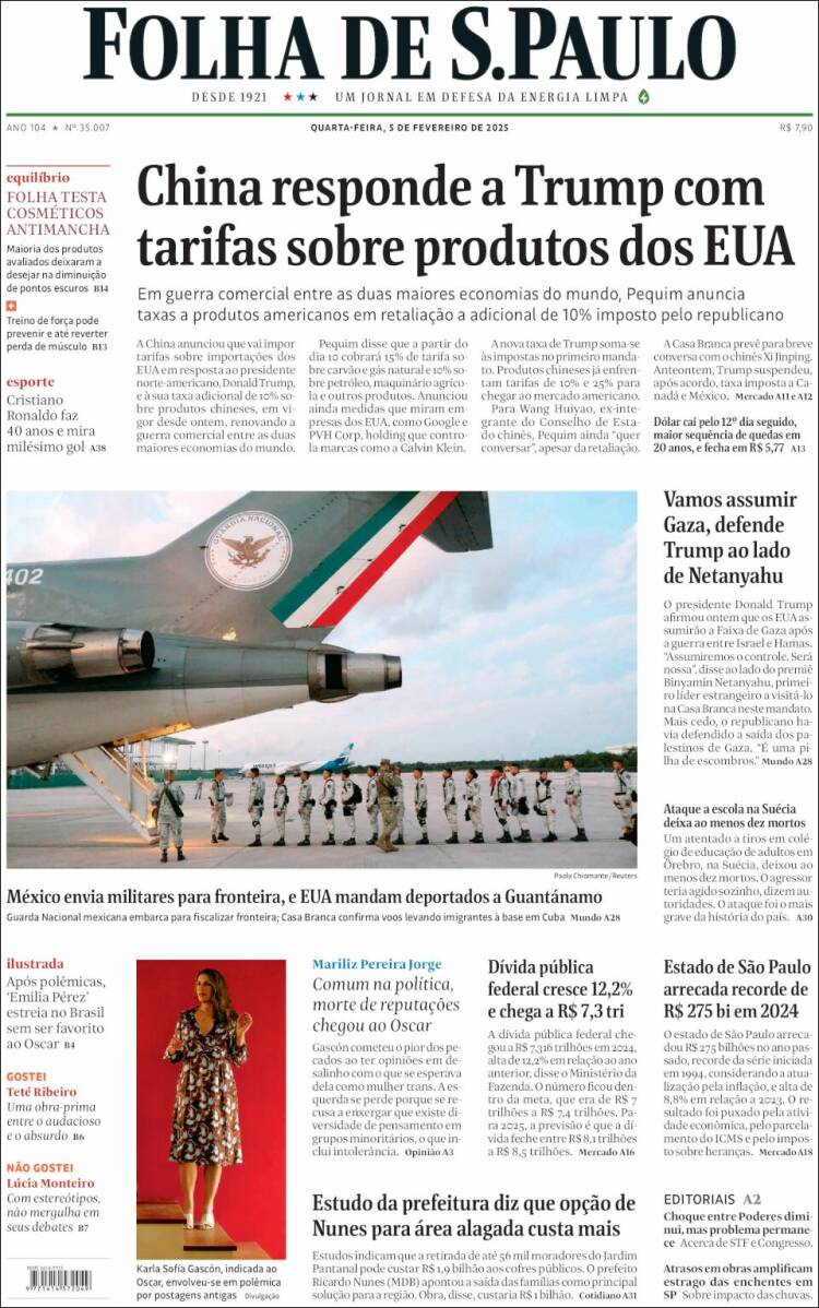 Portada de Folha de São Paulo (Brasil)