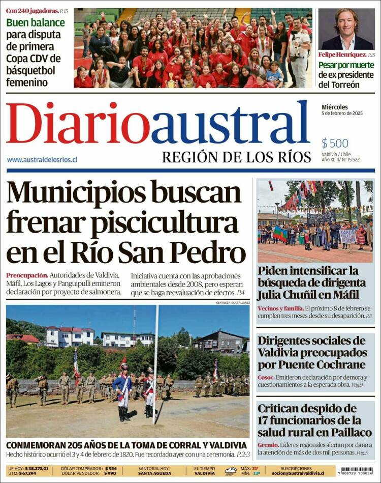 Portada de El Diario Austral de Valdivia (Chile)