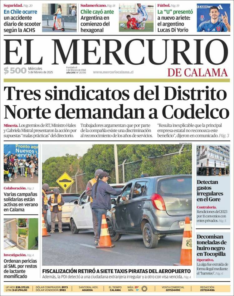 Portada de El Mercurio - Calama (Chile)