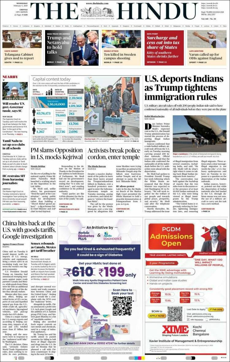 Portada de The Hindu (India)