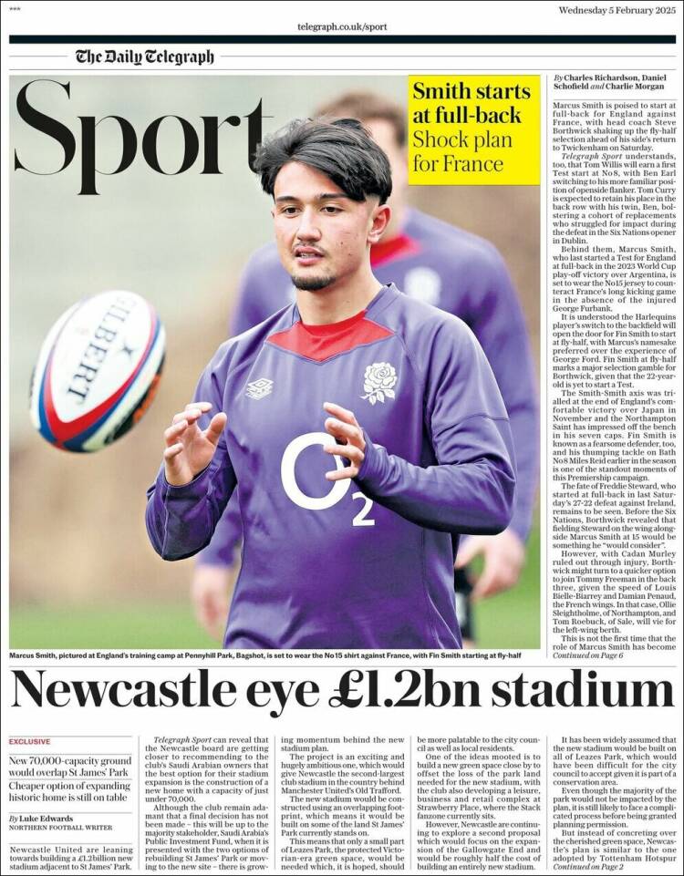 Portada de Telegraph Sport (Reino Unido)