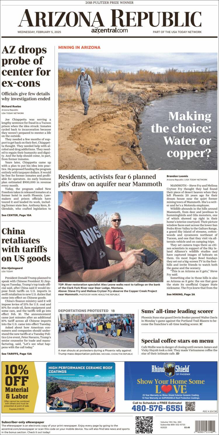 Portada de Arizona Republic News (USA)