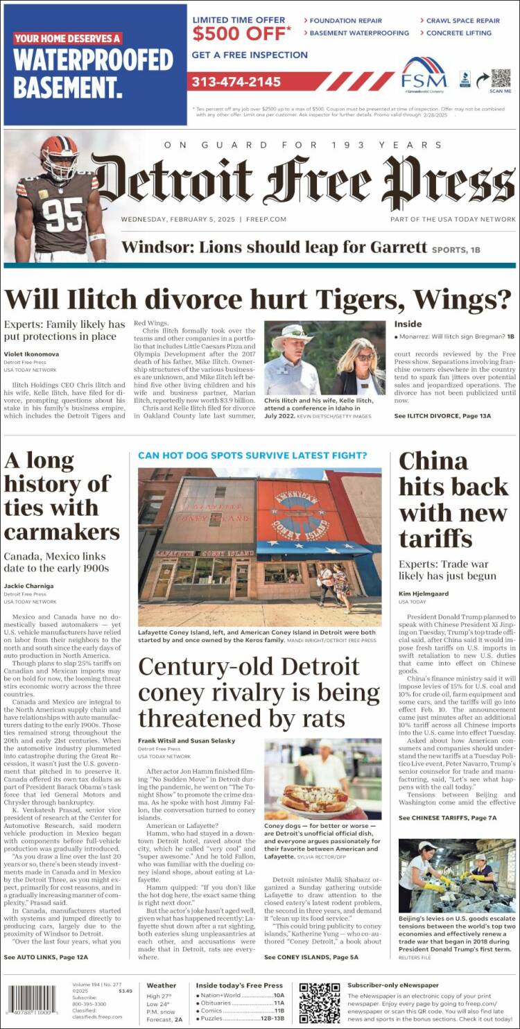 Portada de Detroit Free Press (USA)