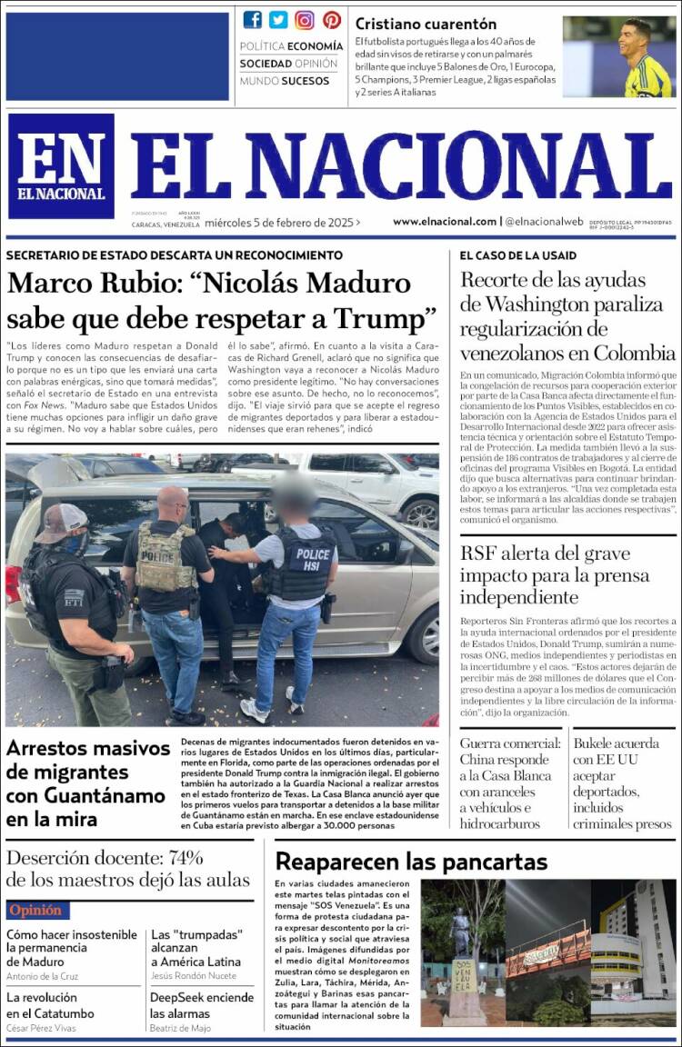 Portada de El Nacional (Venezuela)