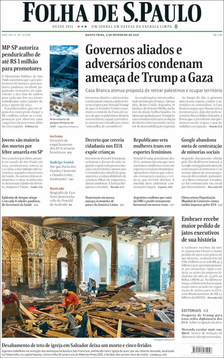 Portada de Folha de São Paulo (Brasil)