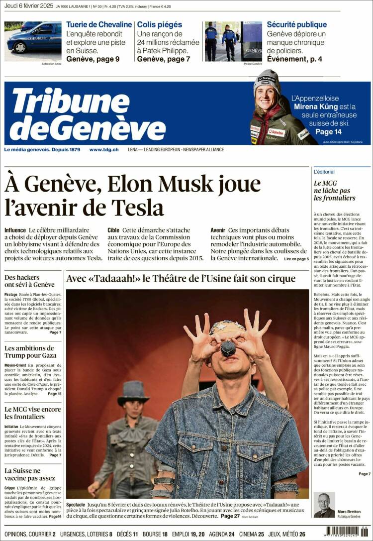Portada de La Tribune de Genève (Suiza)