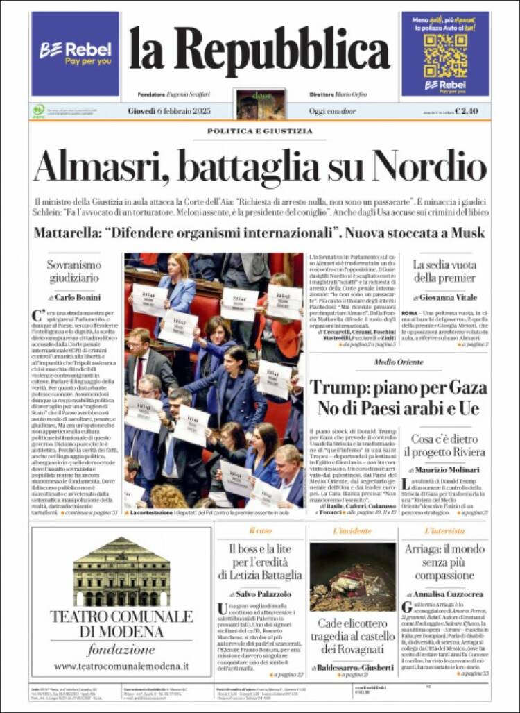 Portada de La Repubblica (Italia)