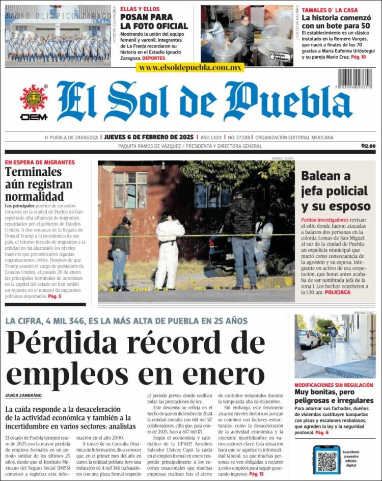 Portada de El Sol de Puebla (M&eacute;xico)