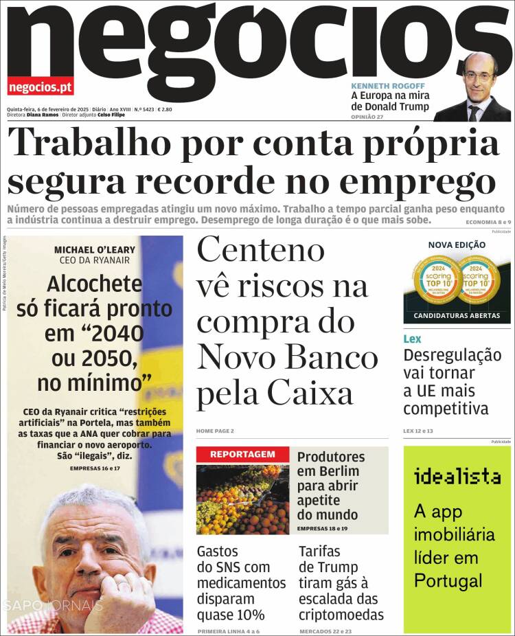 Portada de Jornal de Negócios (Portugal)