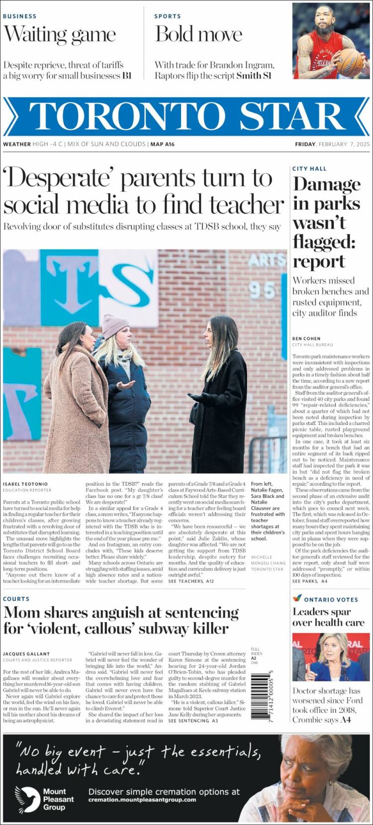 Portada de The Toronto Star (Canadá)