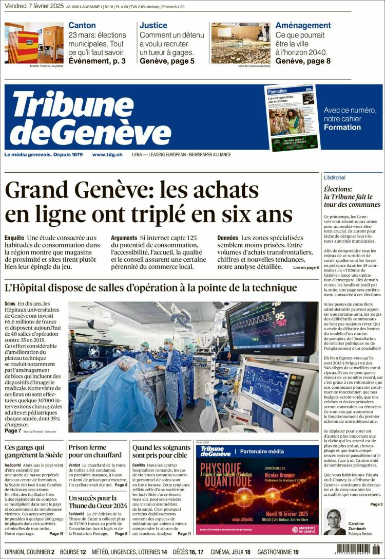 Portada de La Tribune de Genève (Suiza)