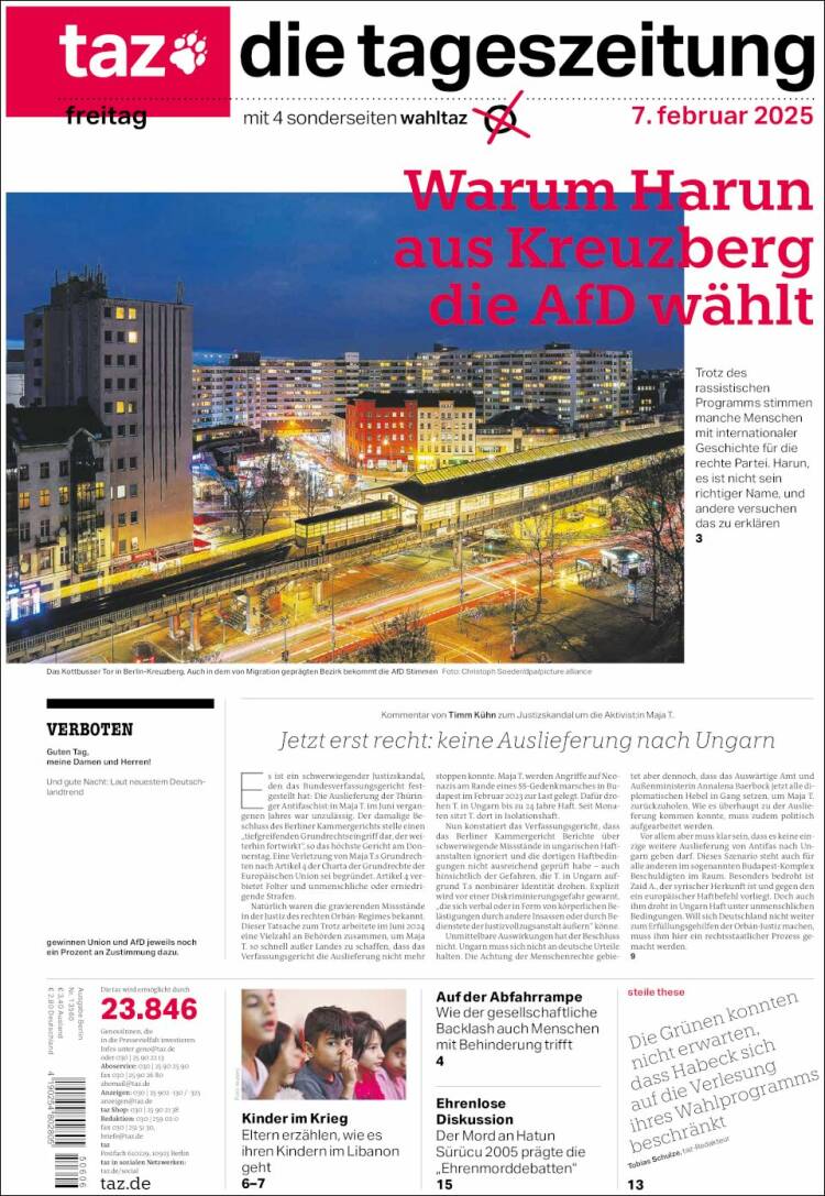 Portada de Die Tageszeitung (Alemania)