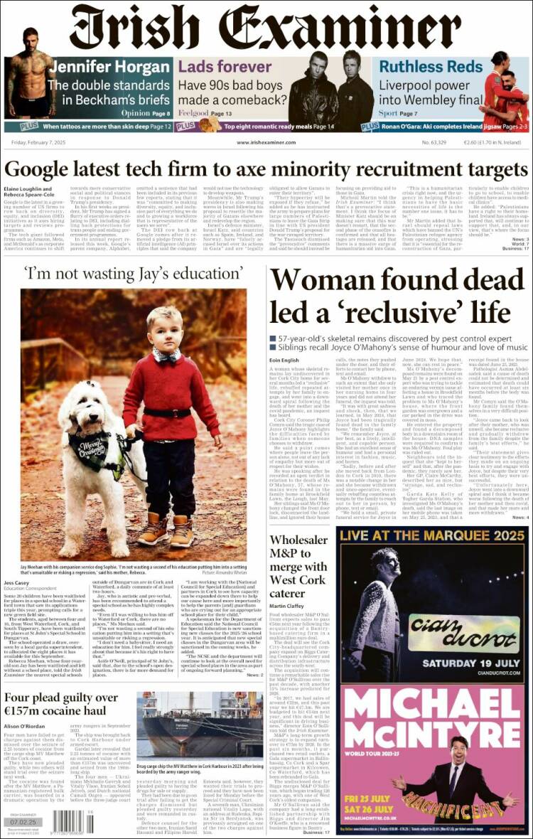 Portada de Irish Examiner (Irlanda)