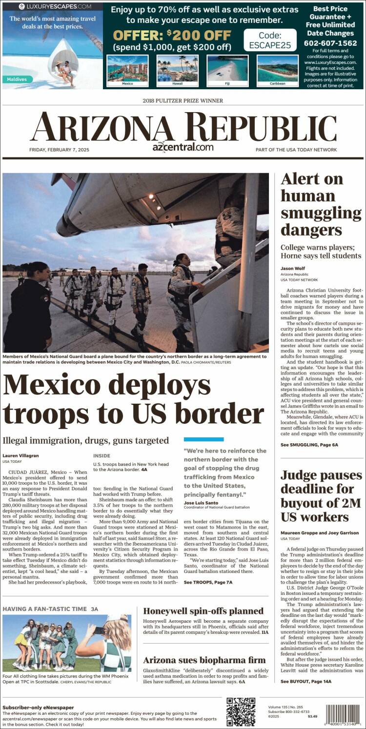 Portada de Arizona Republic News (USA)