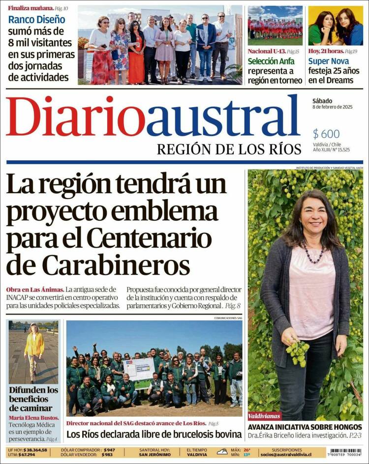 Portada de El Diario Austral de Valdivia (Chile)