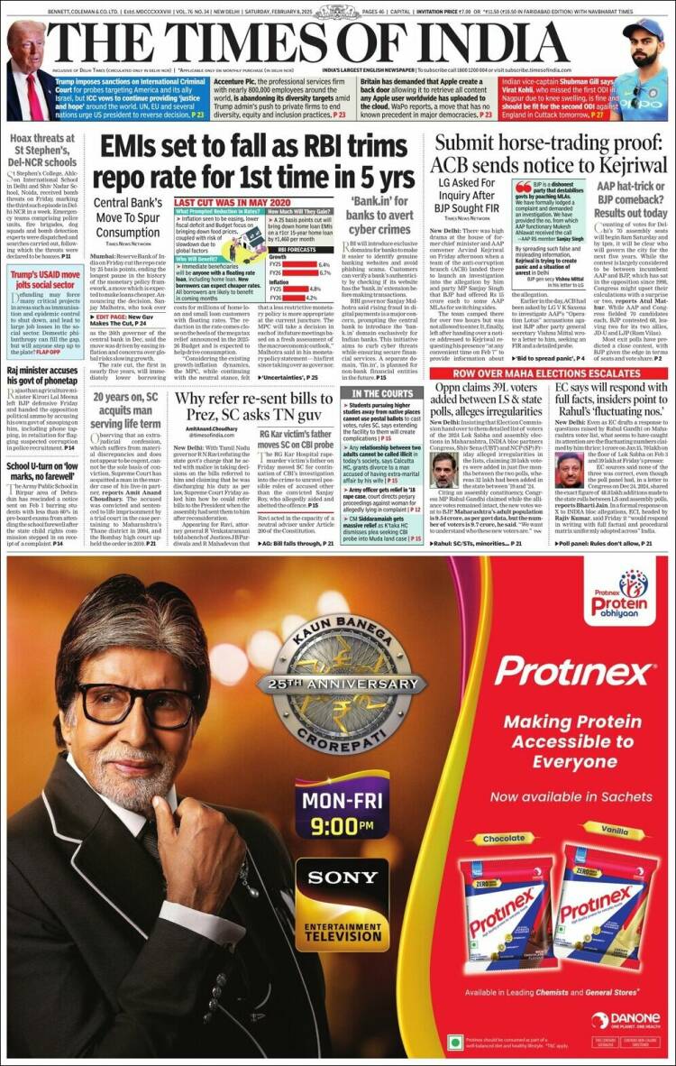 Portada de The Times of India (India)