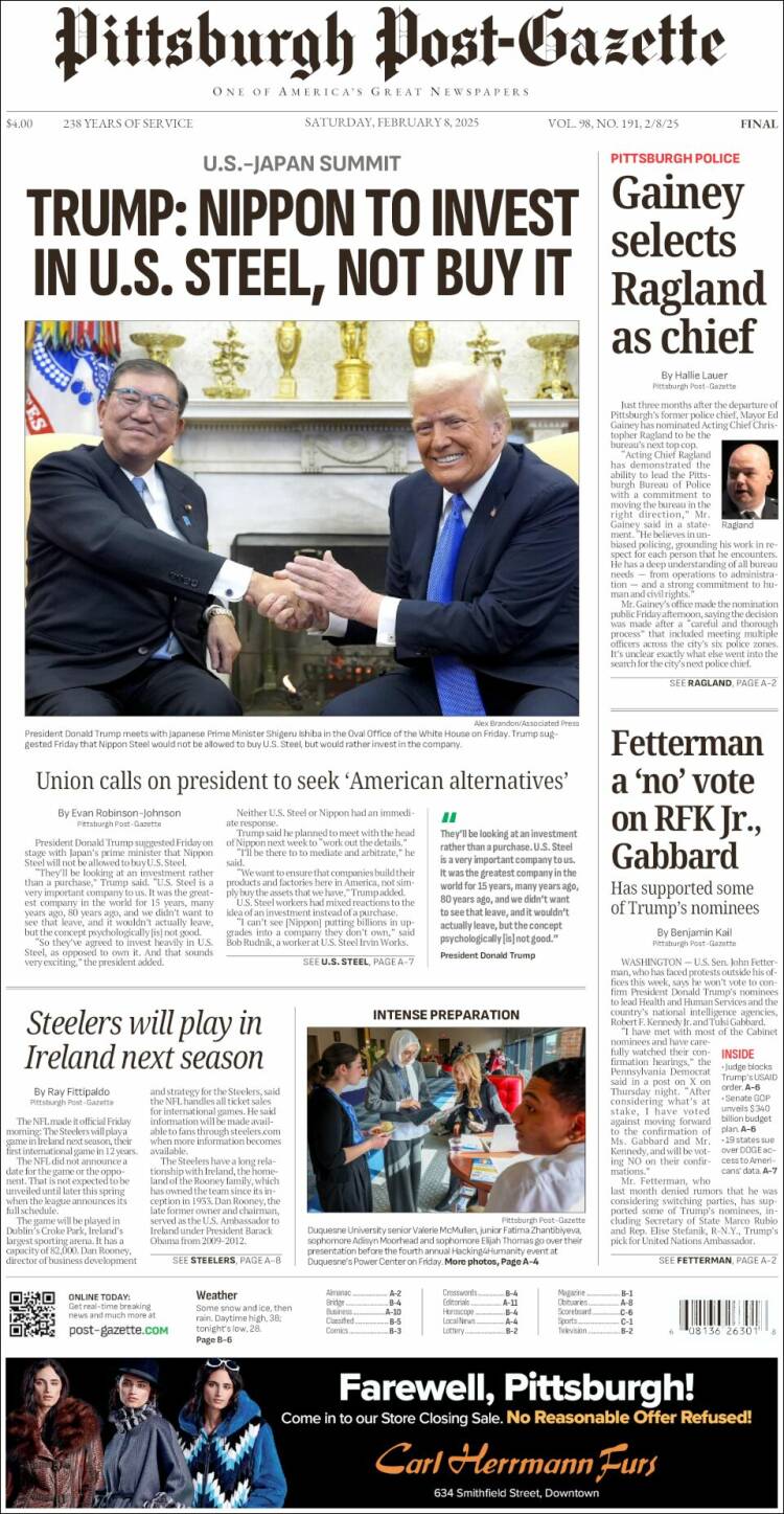 Portada de Pittsburgh Post-Gazette (USA)