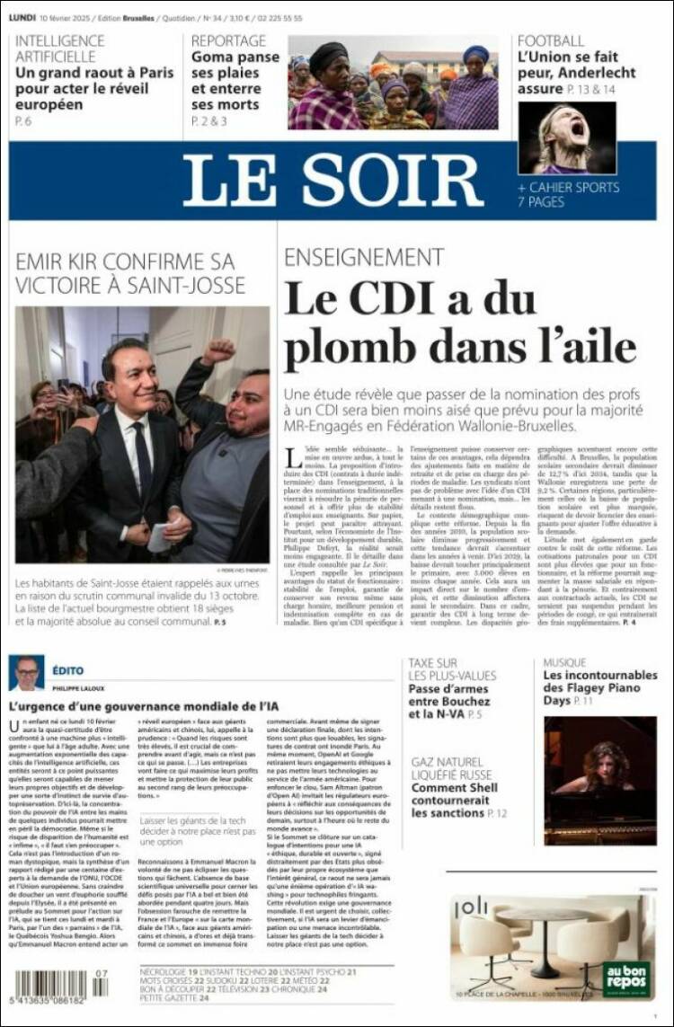 Portada de Le Soir (Bélgica)