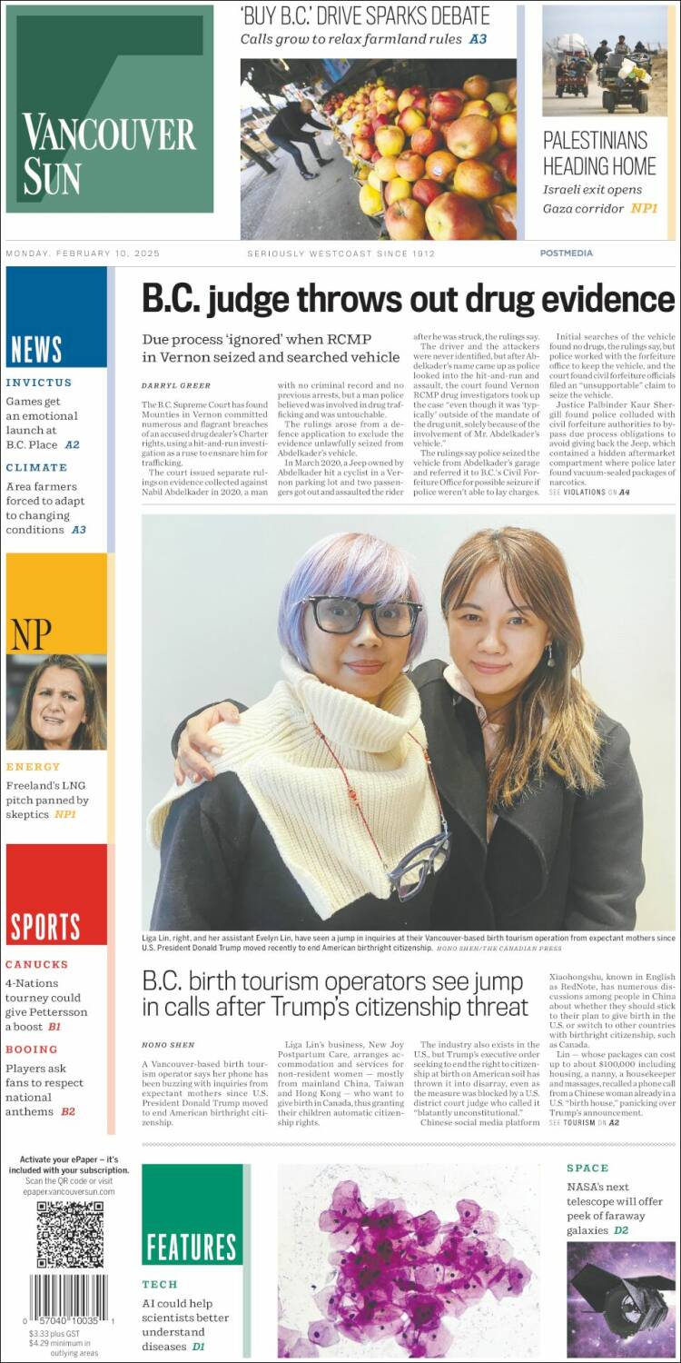 Portada de The Vancouver Sun (Canada)