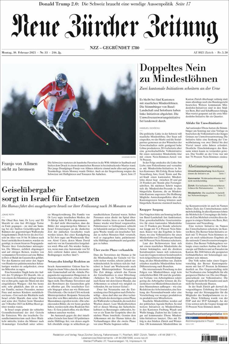 Portada de Neue Zürcher Zeitung (Suiza)