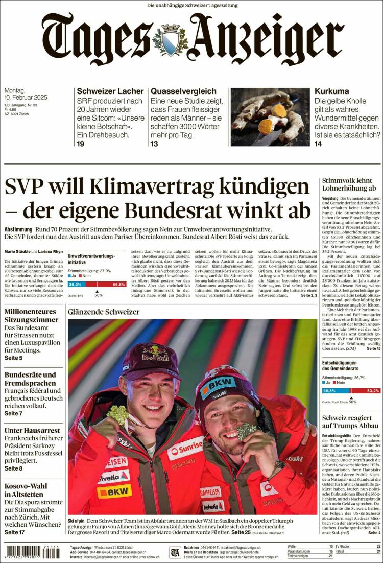 Portada de Tages-Anzeiger (Suiza)