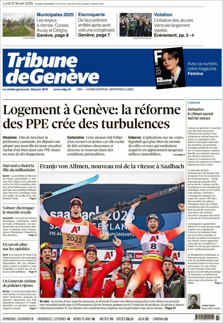 Portada de La Tribune de Genève (Suiza)