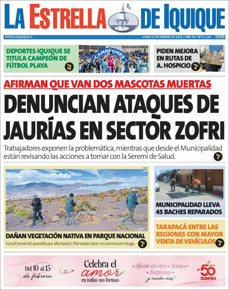 Portada de La Estrella de Iquique (Chile)