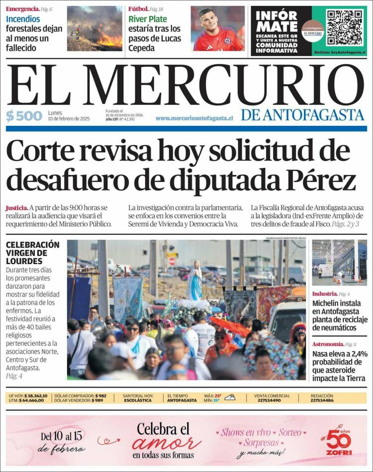 Portada de El Mercurio de Antofagasta (Chile)