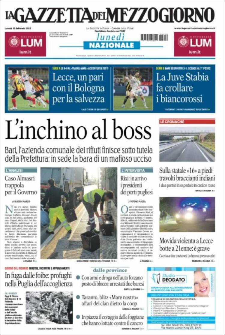 Portada de La Gazzetta del Mezzogiorno (Italie)