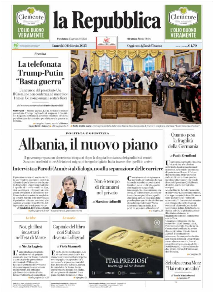 Portada de La Repubblica (Italia)