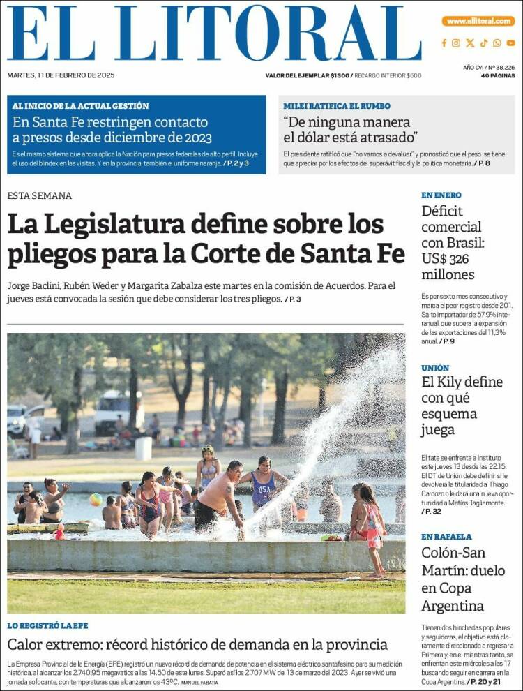 Portada de Diario El Litoral (Argentina)