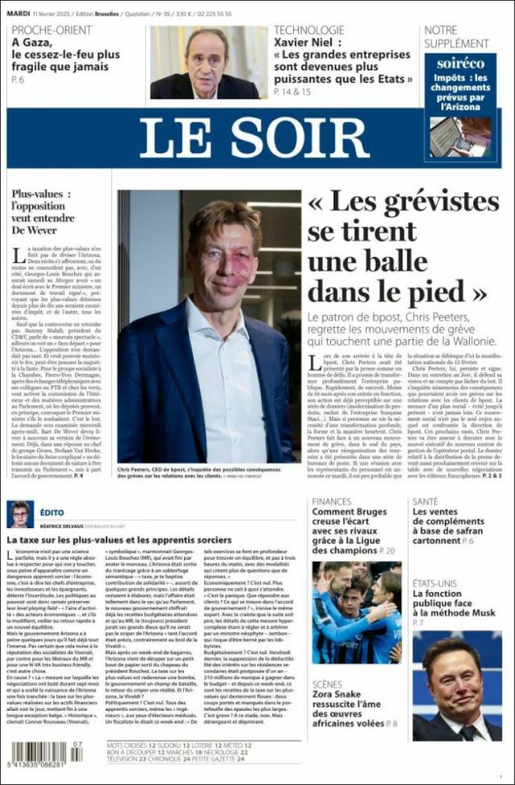 Portada de Le Soir (Belgique)