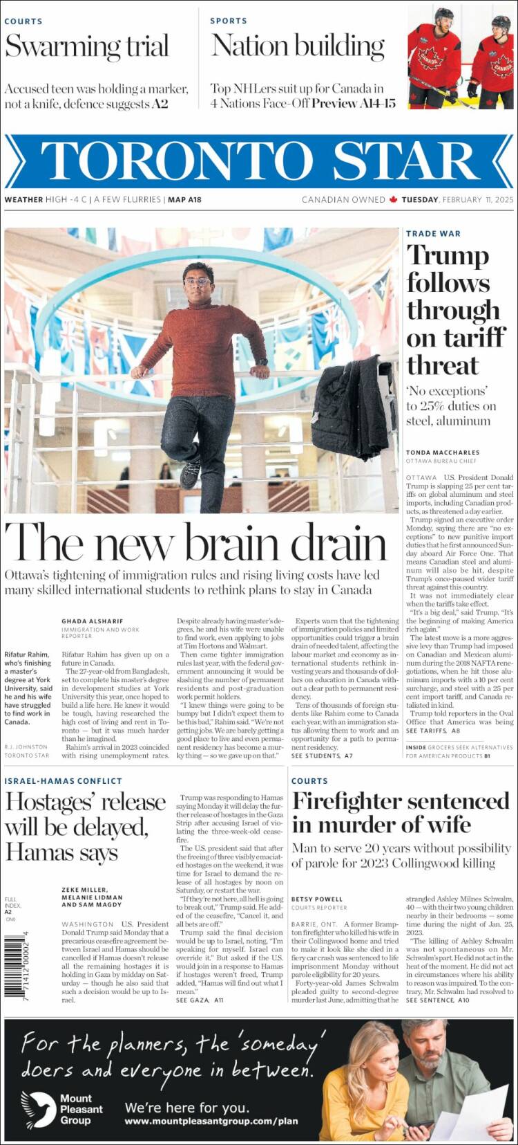 Portada de The Toronto Star (Canada)