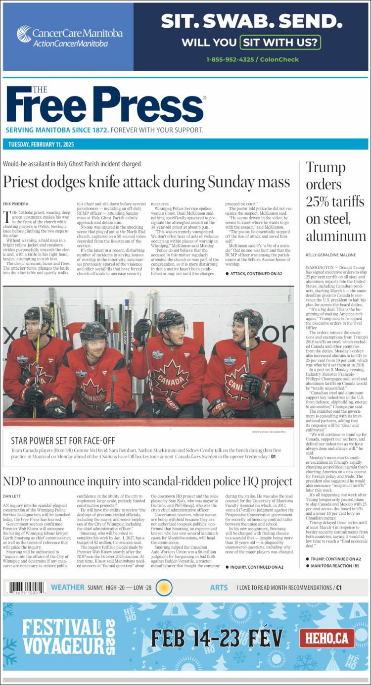 Portada de Winnipeg Free Press (Canada)