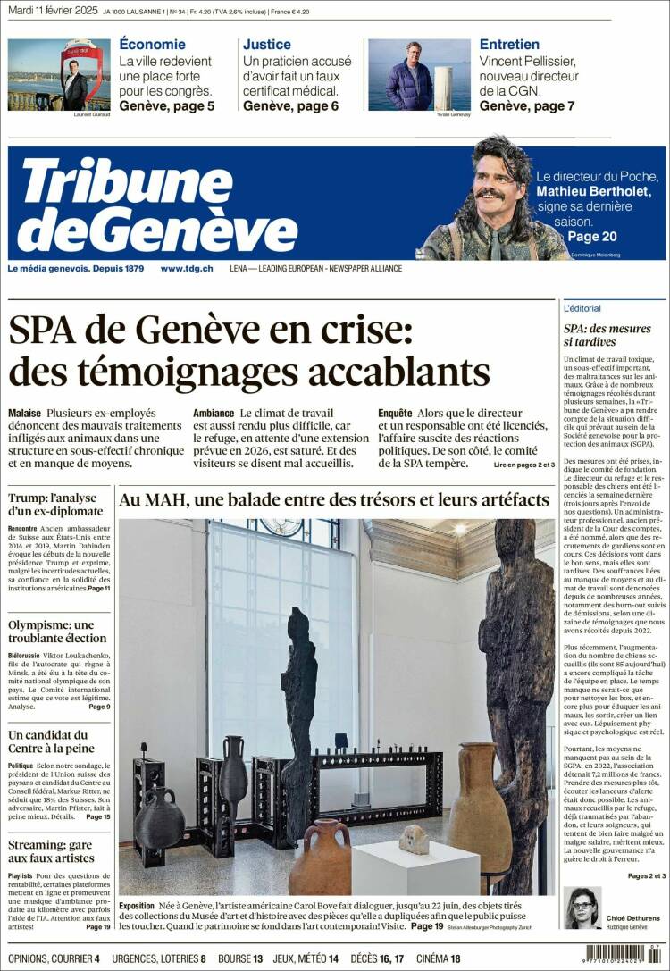 Portada de La Tribune de Genève (Suiza)