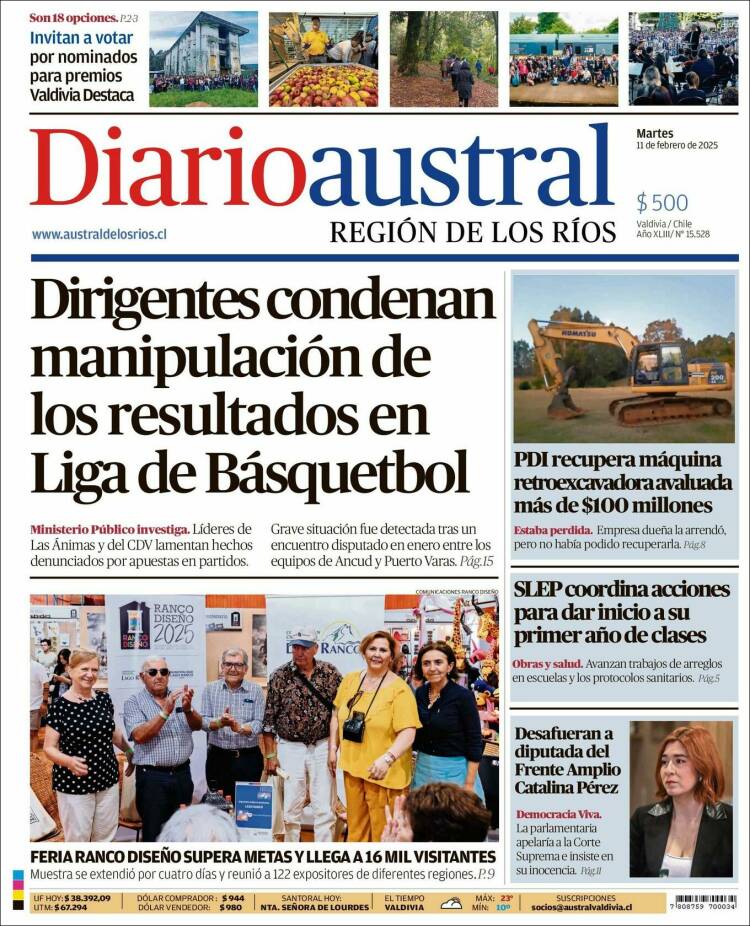 Portada de El Diario Austral de Valdivia (Chile)