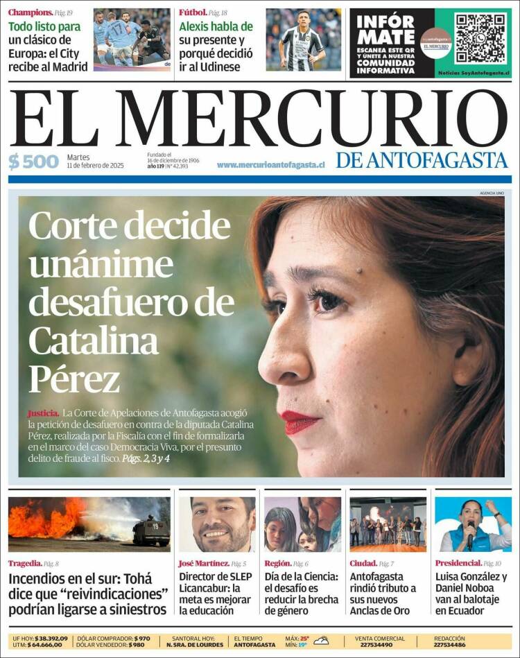 Portada de El Mercurio de Antofagasta (Chile)