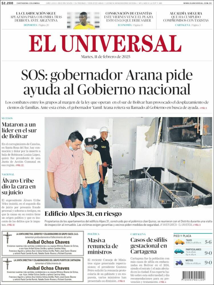 Portada de El Universal (Colombia)