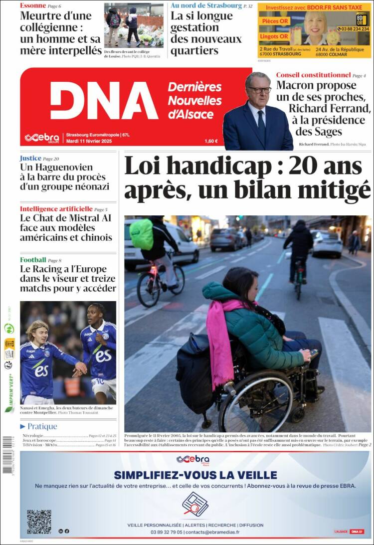 Portada de Les Dernières Nouvelles d'Alsace (Francia)