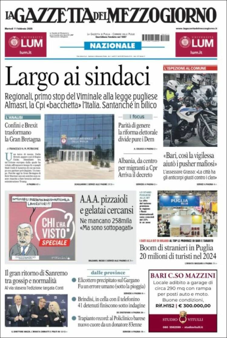 Portada de La Gazzetta del Mezzogiorno (Italie)