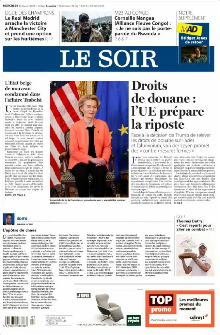 Portada de Le Soir (Bélgica)