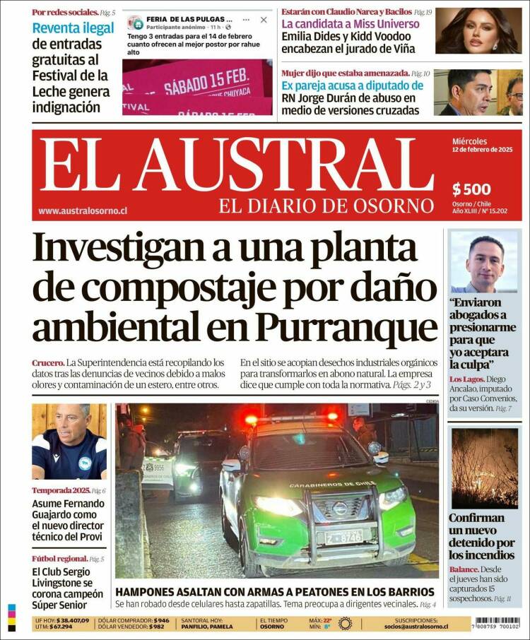 Portada de El Austral de Osorno (Chile)