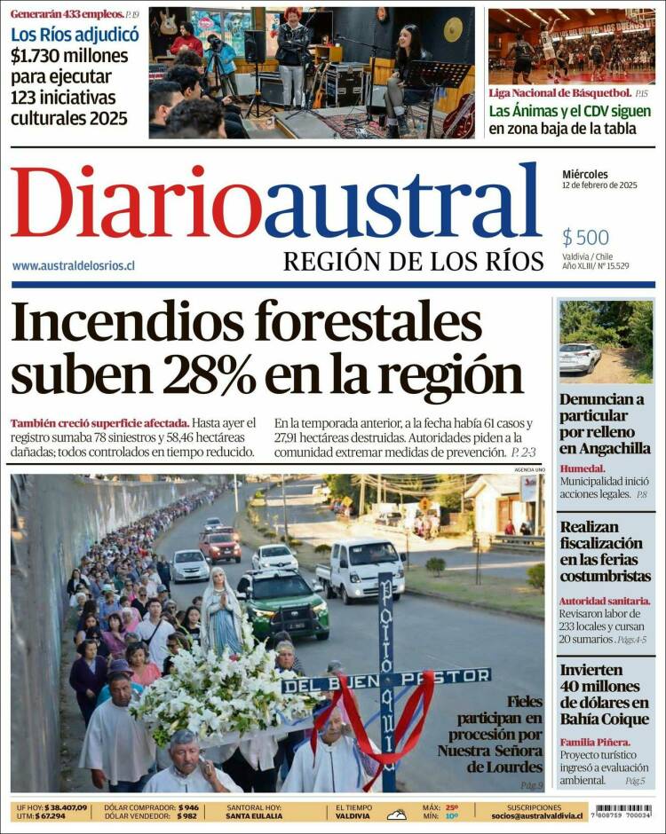 Portada de El Diario Austral de Valdivia (Chili)