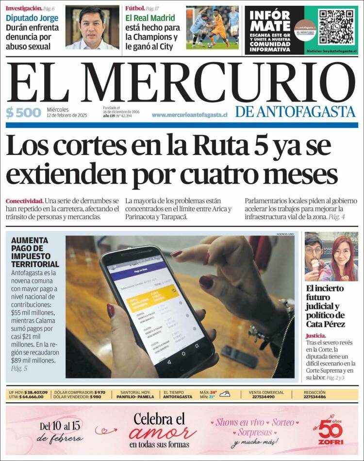 Portada de El Mercurio de Antofagasta (Chile)